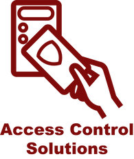 Access Control Solutions (Icon picture of hand with card swiping a card reader to unlock door)